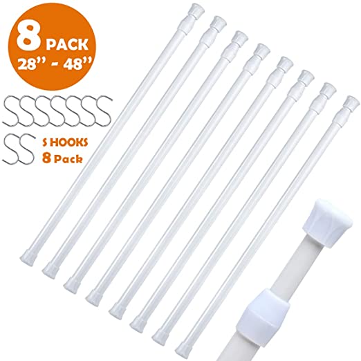 DeELF 8 Pack Tension Rods 28 to 48 Inches, Adjustable Spring Tension Rod for Window Curtain, Kitchen Cupboard Utensils, Closet, and Cabinet, White