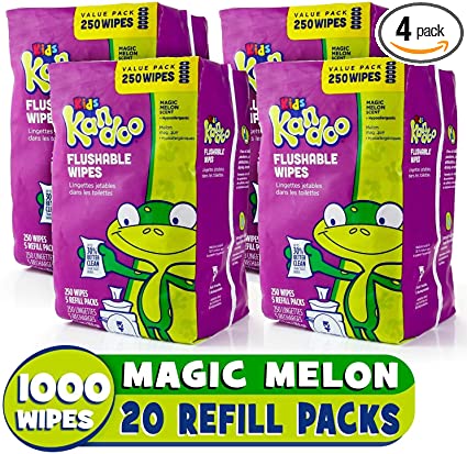 Flushable Baby Wipes for Kids, Magic Melon by Kandoo, Potty Training Wet Cleansing Cloths Refills, 250 Count per Pack, Pack of 4