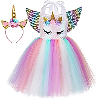 Tutu Dreams 3pcs Sequin Unicorn Dress with 3 Colors Wings and Headband for Girls 1-10Y Birthday…
