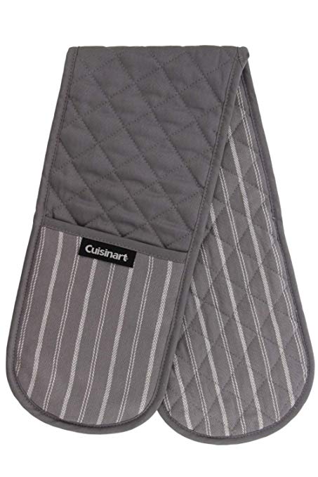 Cuisinart Quilted Heat Resistant Double Oven Mitt/Glove, Twill Stripe, 7.5” x 35”, Great for Cooking, Baking, and Handling Hot Pots & Pans- Titanium Grey