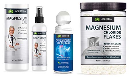 Asutra, Pain Relief Bundle–6 Items: Zechstein Magnesium Oil Spray, 2 4oz. Bottles; Magnesium Chloride Flakes, 2 2lb. Jars; FREEZE Ice the Pain Relief Arnica Gel Roll On, 1 3oz. Bottle   Free E-Book