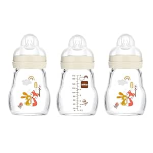 MAM Feel Good Slow Flow Premium Glass Bottle, Easy Switch Between Breast and Bottle, 5oz, 0  Months, Unisex, 3 Pack