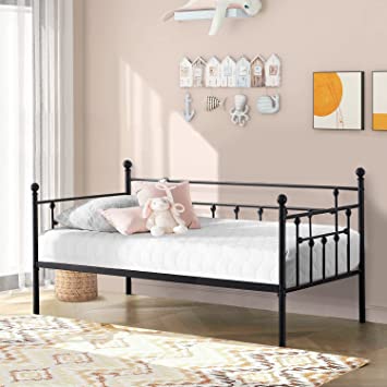 VECELO Twin Size Daybed Frame Multifunctional Metal Platform with Headboard,Mattress Foundation/Sofa Bed for Guest Living Room,Noise Free,Black