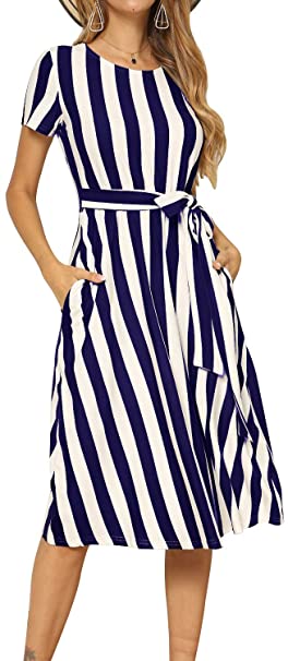 levaca Women's Short Sleeve Striped Casual Flowy Midi Belt Dress with Pockets