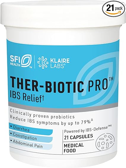Klaire Labs Ther-Biotic Pro IBS Relief - Reduce IBS Symptoms by up to 79%∗∗ - Low-FODMAP Probiotic Prebiotic for Diarrhea, Gas, Leaky Gut - Medical Food for Dietary Management of IBS∗ (21 Capsules)