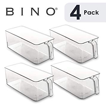 BINO Refrigerator, Freezer, Kitchen Pantry Cabinet Organizer Plastic Bin with Handle, Clear Plastic Storage Bins Refrigerator Organizer Bins Fridge Organizer Pantry Organizer Pantry (Medium- 4 PACK)