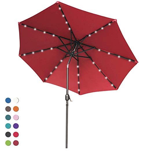 ABCCANOPY Solar Umbrellas Patio Umbrella 9 FT LED Umbrellas 32LED Lights with Tilt and Crank Outdoor Umbrella Table Umbrellas for Garden, Deck, Backyard, Pool and Beach,12 Colors, (Burgundy)