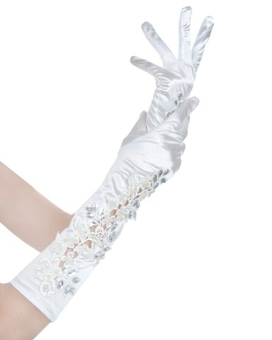 JISEN Lady Banquet Party Elbow Sexy Rhinestone Pierced Lace Satin Bridal Gloves 16"