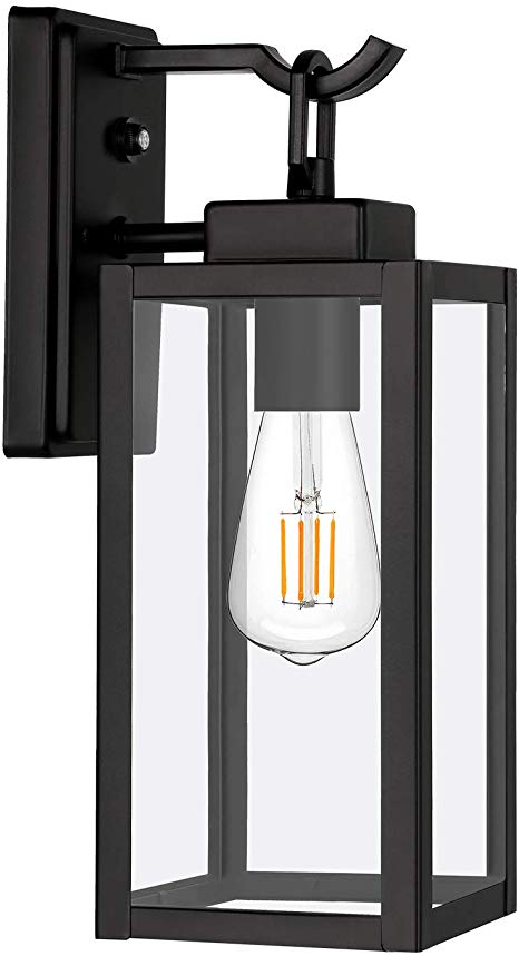 Hykolity Outdoor Wall Lantern with Dusk to Dawn Photocell, LED Bulb Included, Matte Black Wall Light Fixtures, Architectural Wall Sconce with Clear Glass Shade for Entryway, Porch, Doorway, ETL Listed