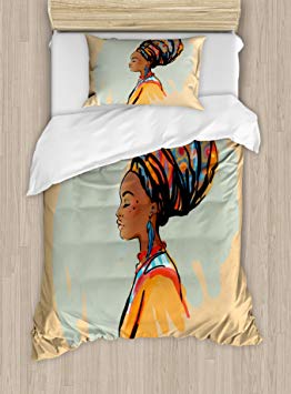 Ambesonne African Woman Duvet Cover Set Twin Size, Watercolor Profile Portrait of Native Woman with Ethnic Hairdo and Earrings, Decorative 2 Piece Bedding Set with 1 Pillow Sham, Multicolor