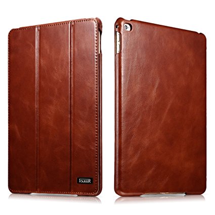 iPad Mini 4 Leather Case, ICARER Real Leather Case For Apple iPad Mini 4 Smart Cover Flip Folio Style With Wake Up / Sleep Function (Brown)