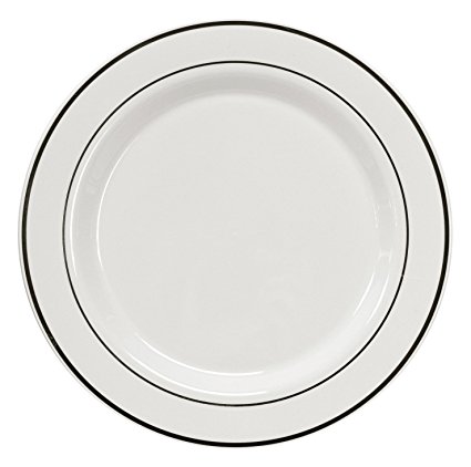 Party Essentials N367359 White Plastic Plates with Silver Rim, 10.25", White with Silver (Case of 144)