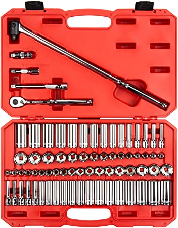 TEKTON 3/8 Inch Drive 6-Point Socket and Ratchet Set, 73-Piece (1/4-1 in, 6-24 mm) SKT15311