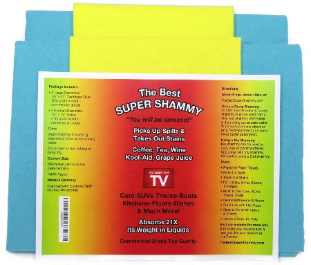 The Best Super Shammy Chamois 4 Pack - 2 Caribbean Blue 20 X 27" & 2 Yellow Kitchen 15 X 16" - Commercial Grade Rayon, Absorbent Cleaning Cloth, German Shammy Towel
