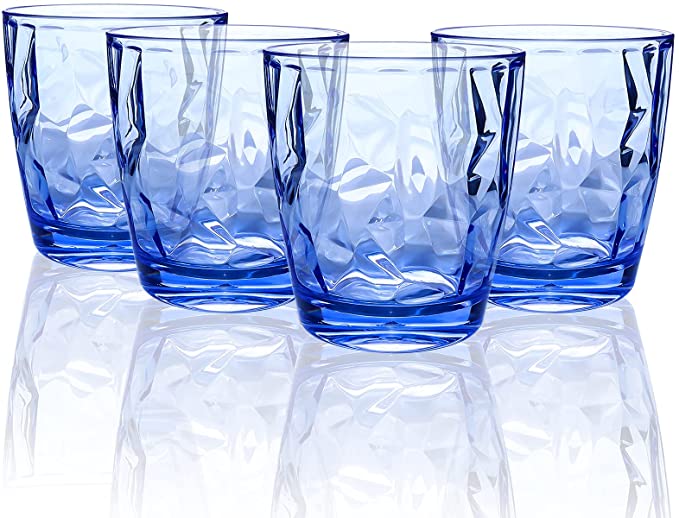 12-Ounce Plastic Water Tumblers | Set of 4 Transparent Drinking Glasses Clear Acrylic Reusable Juice Wine Cups for Home Picnic Party, Dishwasher Safe, Stackable (Blue)