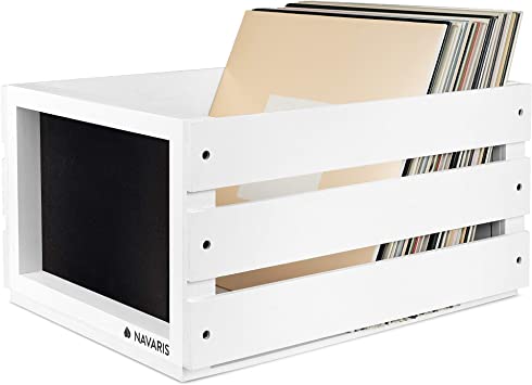 Navaris Wood Record Crate - Vinyl Album Storage Holder Box Wooden Case with Chalkboard Sign Board - Holds up to 80 LP Records - White