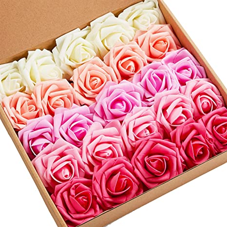 N&T NIETING Artificial Flowers, 25pcs Real Looking Gradient Red Fake Roses with Stem for Wedding Bridesmaid Bridal Bouquets Centerpieces, Party Decoration, Home Display, Baby Shower