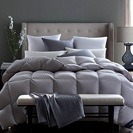 Globon Fusion White Goose Down Comforter Queen 45oz, 600 Fill Power, 300 Thread Count, Down Proof Shell, Hypoallergenic, With Corner Tabs, All Season, Grey