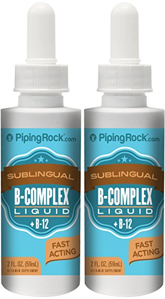 Piping Rock Sublingual B-Complex Liquid Plus B-12 1200 mcg 2 Dropper Bottles x 2 fl oz (59 ml) Fast Acting