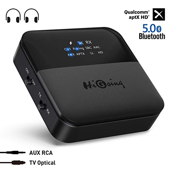 HiGoing Bluetooth 5.0 Transmitter Receiver, 2019 Upgraded 2-in-1 Wireless Audio Adapter with Indicator Screen Digital Optical TOSLINK 3.5mm AUX RCA aptX HD, aptX LL, Low Latency for TV/Home/Car Stereo