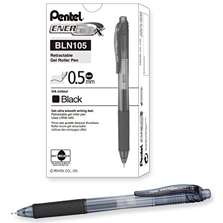 Pentel EnerGel-X Retractable Liquid Gel Pen 0.5mm Needle Tip Black Ink, Box of 12 (BLN105-A)