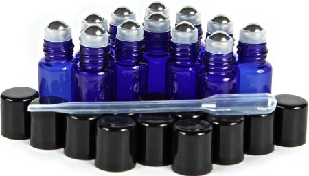 Vivaplex, 12 New, High Quality, Cobalt Blue, 3 ml Glass Roll-on Bottles with Stainless Steel Roller Balls - Dropper included ...