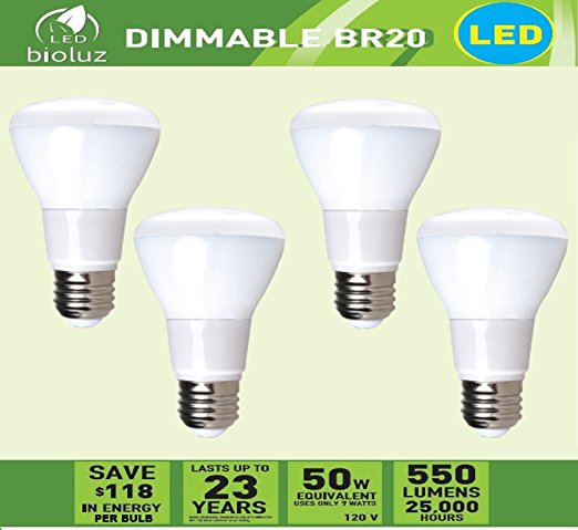 4 Pack Bioluz LED Br20 LED Bulb 7w (50w Equivalent) 2700K Bright Warm White 550 Lumen Smooth Dimmable Lamp - Indoor / Outdoor UL Listed (Pack of 4)