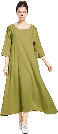 Three Quarter Sleeves Linen Cotton Spring Summer Plus Size Dress Plus Size Clothing F140A