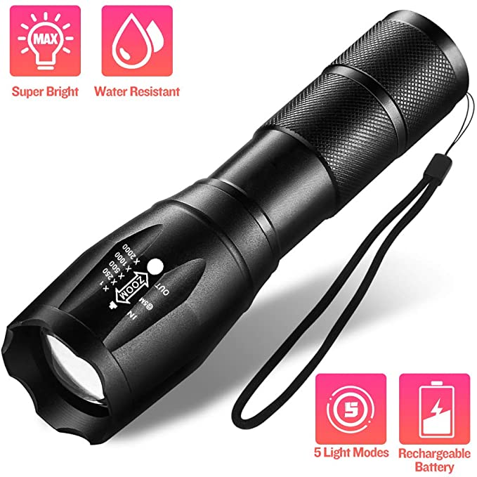LED Tactical Flashlight Portable Handheld Flashlights Adjustable Focus 5 Light Modes High Lumen Water-Resistant with Battery Included for Emergency & Camping Hiking & Outdoor Activities