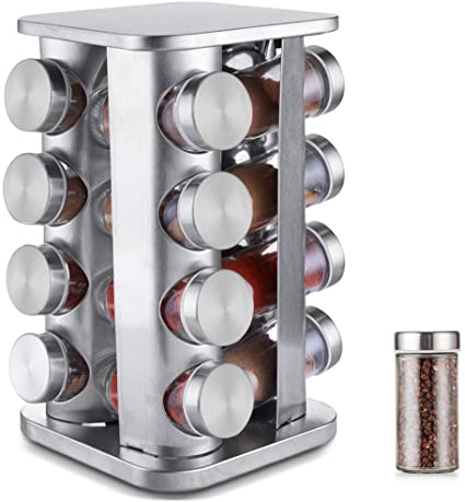 DEFWAY Revolving Spice Rack Organizer - Stainless Steel Spice Tower with 16 Glass Jars, Rotating Standing Cabinet Seasoning Rack for Kitchen (Square)