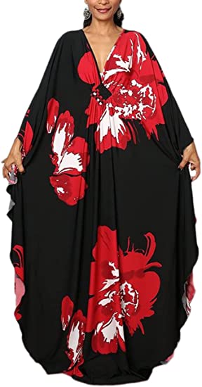 Bsubseach Women Ethnic Print Kaftan Beach Dress Plus Size Swimsuit Cover Up