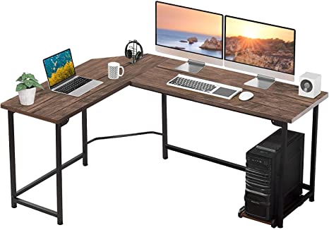 VECELO Modern Large Corner Computer Desks L-Shaped with CPU Stand/PC Laptop Study Writing Table Workstation for Home Office Wood & Metal, 66.3X18.9 inch, Coffee