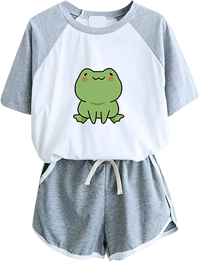 Cute Frog Printed Pajamas Set for Women Comfy Lounge Sets Short Sleeve Tops and Shorts 2 Piece Sleepwear Pj Sets WO1047