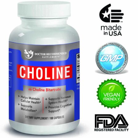High Quality Choline - 500 mg - 100 Veggie Capsules - by Doctor Recommended Supplements - Supports Cognitive Health Memory and More