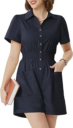 Belle Poque Summer Short Sleeve Rompers for Women Elastic Wasit Button Down Cotton Cargo Jumpsuits with Pockets