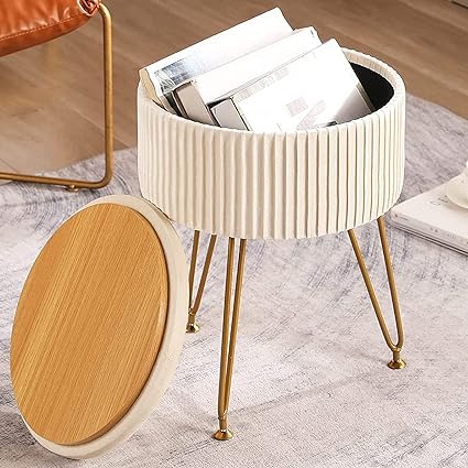 CUYOCA Round Storage Ottoman with Tray, Vanity Stool with Storage for Living Room Makeup Room, Coffee Table Foot Rest Stool for Vanity, Velvet Cream