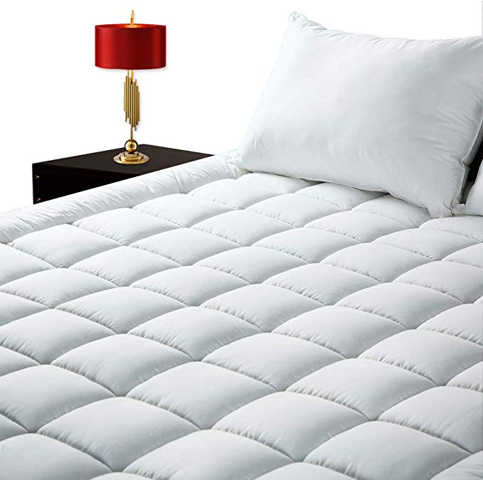 GOPOONY King Size Mattress Pad Cover Quilted Cooling Mattress Padding Topper 400 TC Cotton Top Deep Pocket 8"-21" Fitted Pillow Top Protector (White, King)