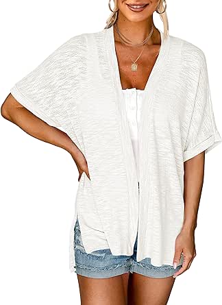 MEROKEETY Womens 2024 Summer Lightweight Cardigan Short Sleeve Open Front Casual Loose Cover Ups