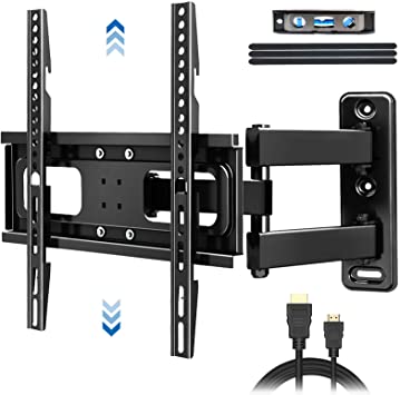 Full Motion TV Wall Mount Bracket with Level & Height Adjustment,Tilts and 90 ° Rotation Single Articulating Arm,TV Bracket for Most 32-60 Inch Flat Curved TVs up to 77 lbs,Max VESA 400x400