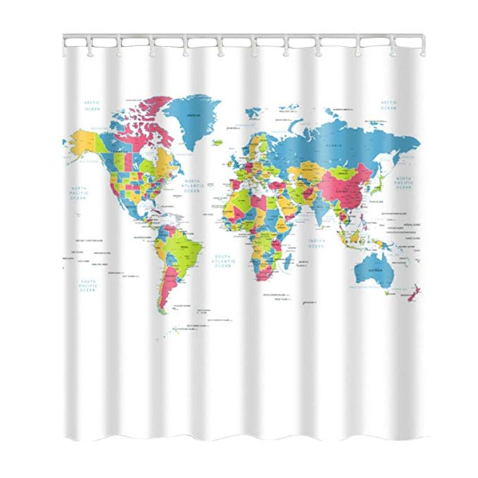 71 x 71 inch World Map Waterproof Shower Curtains with 12 Plastic C-type Hook
