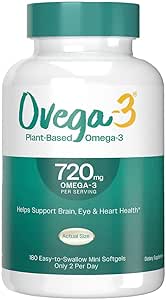 Ovega-3 Plant Based Omega-3 Supplement - 180 Softgels with Potent DHA, EPA, Fatty Acids, Vegan with No Fishy Aftertaste. Supports Brain, Eyes, Joints, Mental Wellbeing, Improved Sleep