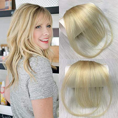 HIKYUU Human Hair Bangs Clip in Bangs Blonde with Temples Clip in Hair Extensions Flat Bangs Blonde Bangs Hairpiece