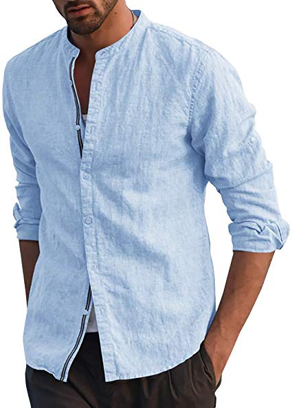 Mens Linen Shirt Casual Button Down Long Sleeve Cotton Curved Hem Lightweight Basic Regular Fit Summer Beach Tops