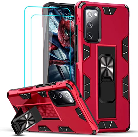 Samsung S20 FE Case, Galaxy S20 FE Case with 2 Tempered Glass Screen Protector, LeYi Military-Grade Shockproof Built-in Kickstand Car Mount Protective Case for Samsung Galaxy S20 FE 5G, Red