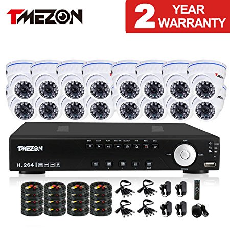 TMEZON 16Ch Channel HDMI DVR Security System CCTV H.264 Internet & 3g Phone Accessible with 800TVL 960H Dome Night Vision Surveillance Cameras