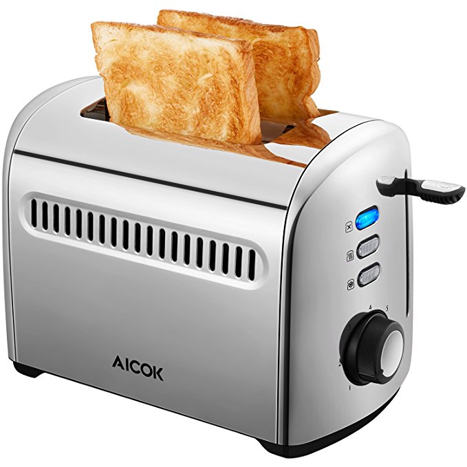 Toaster, Aicok 2-Slice Toaster Stainless Steel Toaster with Removable Crumb Tray, Extra-Wide Slots, 7 Setting Shade Selectors, 850W, Silver