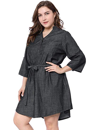 uxcell Women's Plus Size Roll up Sleeves Above Knee Belted Denim Shirt Dress