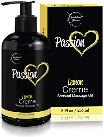Passion Sensual Massage Oil for Couples – All Natural, Lemon Crème Scent with Almond Oil & Jojoba Oil. Natural Body Oil for Dry Skin. Massaging Oil for Romance & Relaxation – 8oz