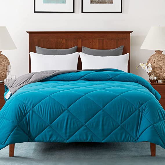 Cosybay Down Alternative Comforter (Algiers Blue/Dark Grey, King) - All Season Soft Quilted King Size Bed Comforter -Lightweight Duvet Insert with Corner Tabs -Winter Summer Warm Fluffy, 102x90 inches