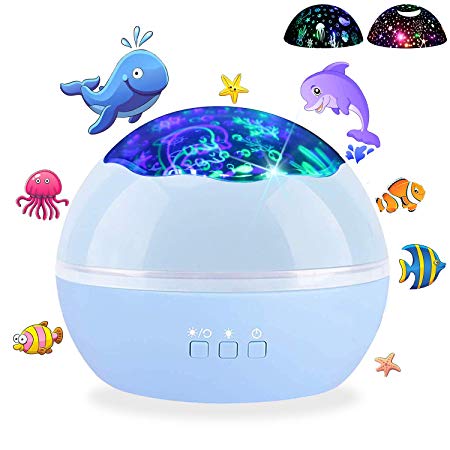 Colorful Ocean Night Light Projector Moon Lamp, Sea Animals Star Moon Cover Projector Night Lighting for Baby Nursery Adults Children’s Bedroom, Romantic Birthday Gift Projection Light (Blue)